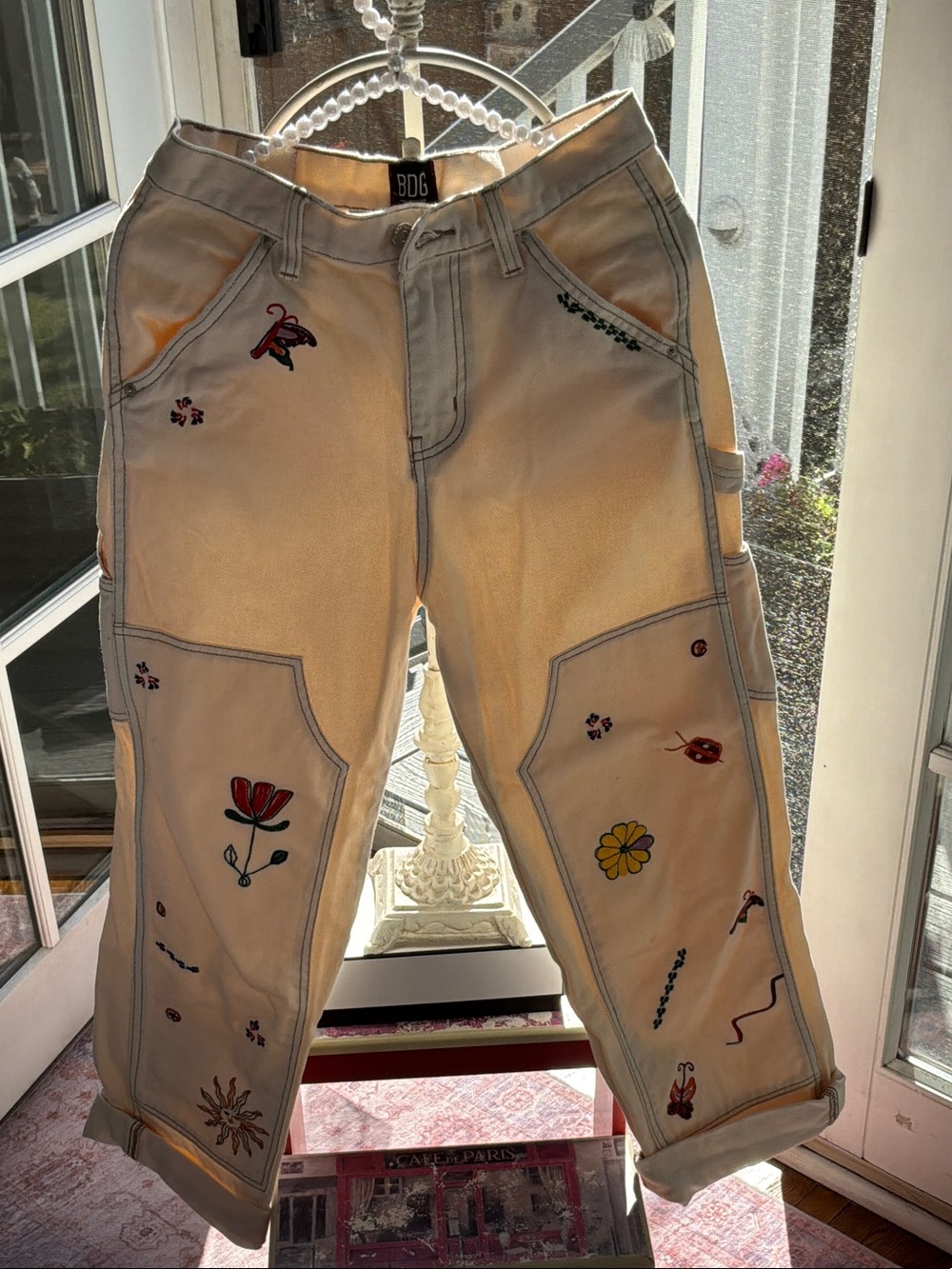 BDG Cream Cargo Pants with Multicolor Embroidered Florals